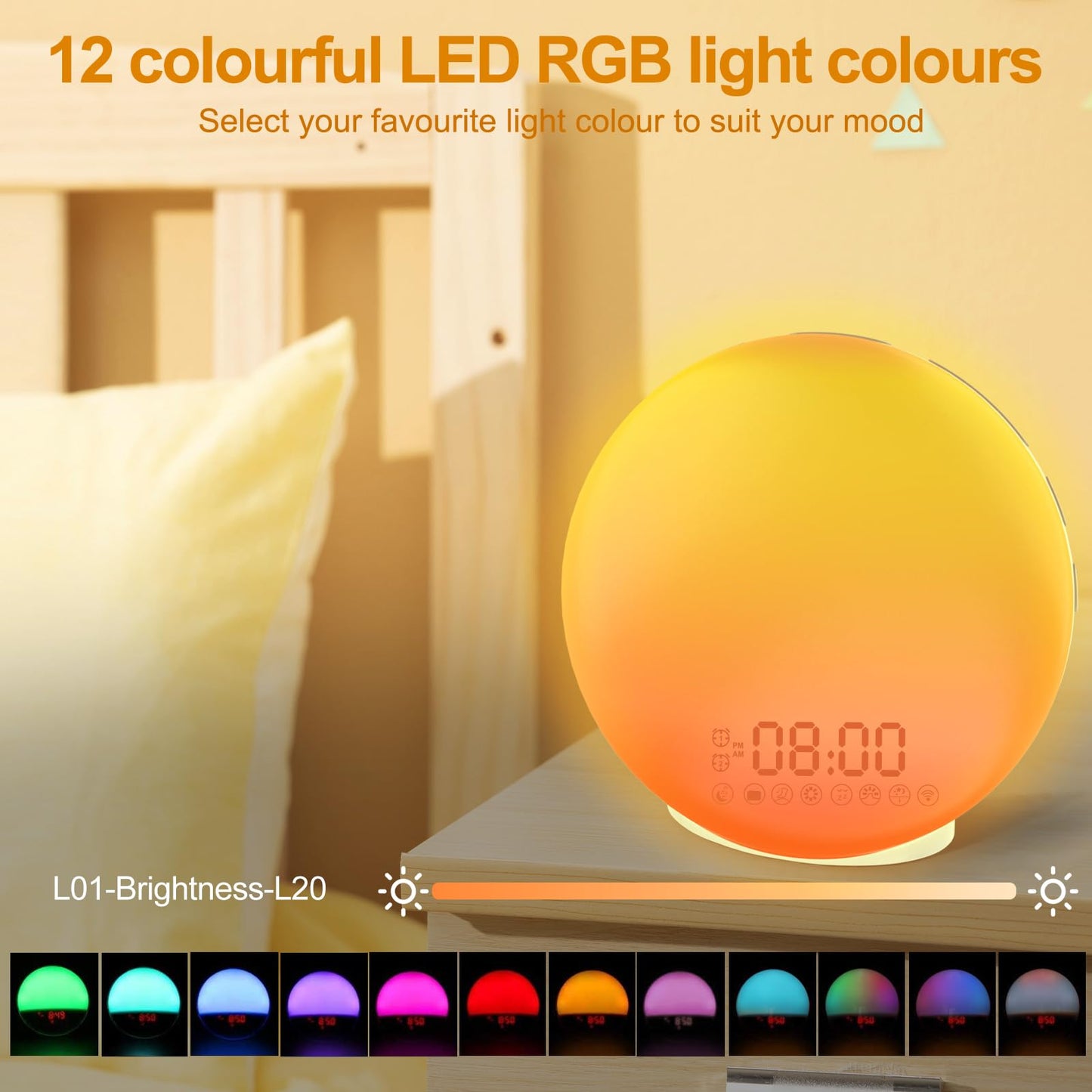 Cadrim Wake up Light, Natural Sunrise Simulation Alarm Clock Sunset Fading with Dual Alarm Clocks Snooze Function 7 Natural Sounds Setting Color Changeable Beside Nightlight and FM Radio for Bedroom
