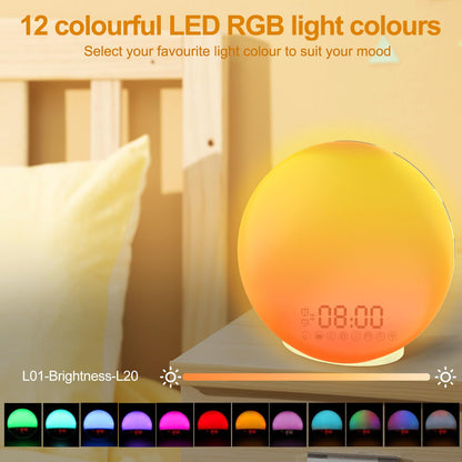 Cadrim Wake up Light, Natural Sunrise Simulation Alarm Clock Sunset Fading with Dual Alarm Clocks Snooze Function 7 Natural Sounds Setting Color Changeable Beside Nightlight and FM Radio for Bedroom