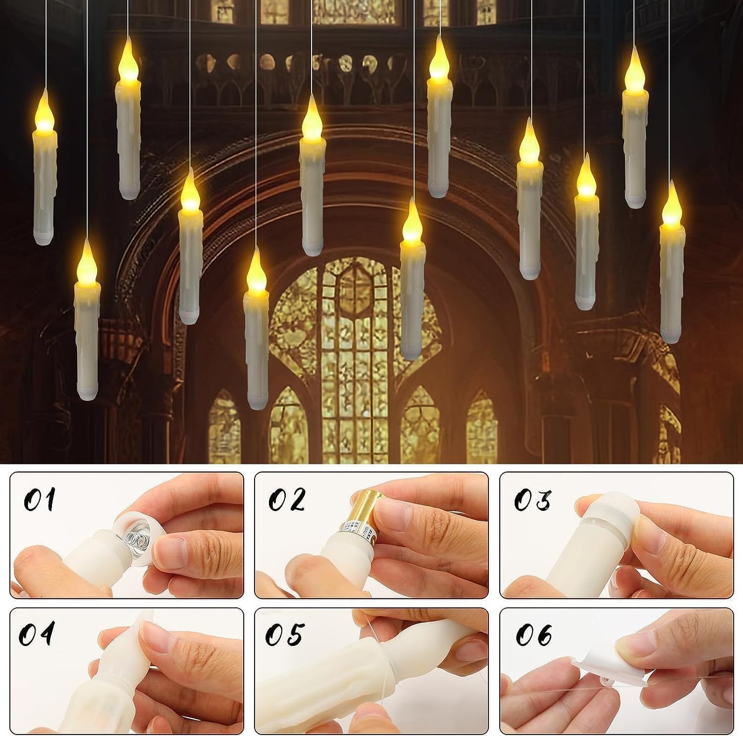 BaRiFanNova Floating Candles with Magic Wand Remote, 12 Pack LED Flameless Hanging Candles, Battery Operated Flickering Taper Lights Set for Theme Party Birthday Gift