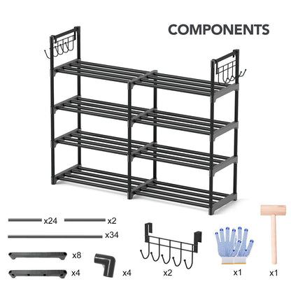 4-Tier Shoe Rack, Black Metal Shoe Racks, Stackable Shoe Shelf with Multifunctional Hooks, Hold 20 Pairs, Space Saving Shoe Rack, Shoes Rack for Closet,Show Rack