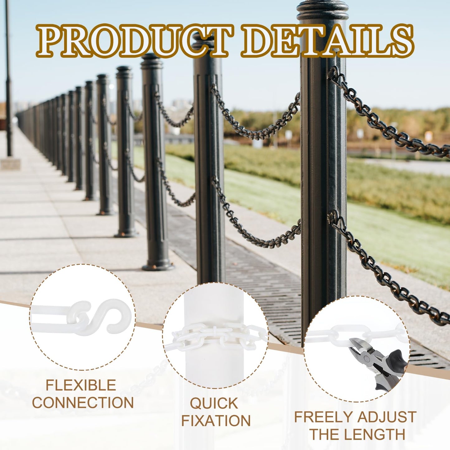 MECCANIXITY Plastic Chain 50 FT/15.5 M, Safety Chain White Plastic Chain Link Barrier with Zip Ties and S-Hooks for Crowd Control Queue Line Fence Decoration