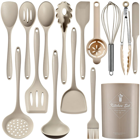 15-Piece Silicone Cooking Utensil Set Non-Stick Includes a Whisk Tongs Spoon and Other Cooking Tools BPA-Free Machine Washable Heat Resistant Up to 220°C (428°F) (Khaki). (15pcs)