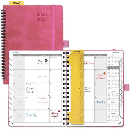 POPRUN 2026-2027 Monthly Planner, 6.5" x 8.5", 18 Month Calendar (July 2026 to December 2027) with Expense Tracker, Notes Pages, Sprial Bound, Leather Softcover - Magenta