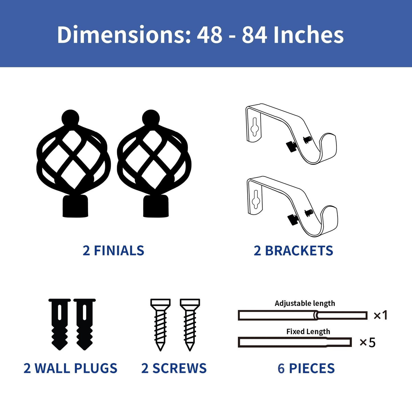 Sharpliving Matte Black Curtain Rod with Brackets 48 to 84 Inch Long, 1 Pack 3/4 Inch Diameter Adjustable Window Drape Rods with Spiral Finials for Sliding Glass Door, Bedroom, Living Room