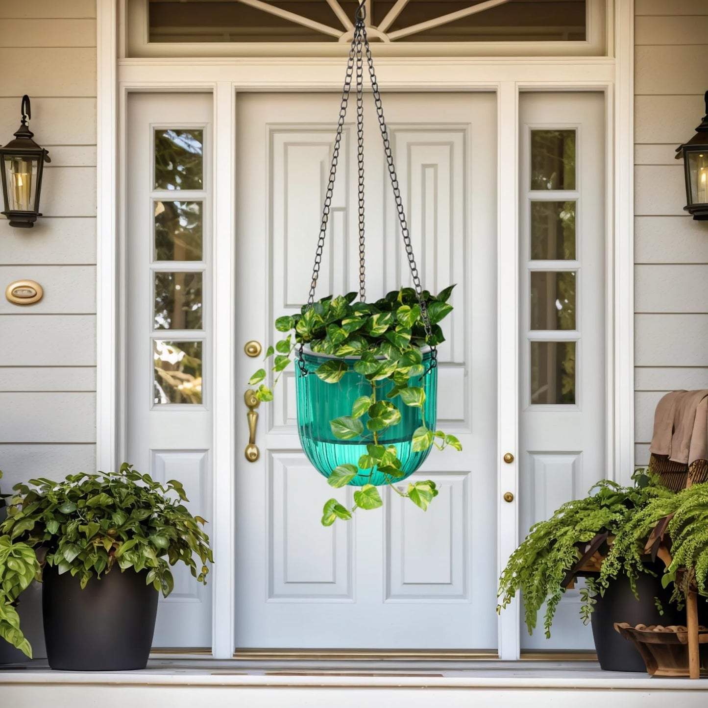 Pumtus 3 Pack Self Watering Hanging Planters, 6.5 Inch Hanging Flower Pot with Drainage Hole, Plastic Hanging Basket with 3 Hooks Chains, Plant Hanger for Indoor Outdoor Plants, Herbs (3 Colors)