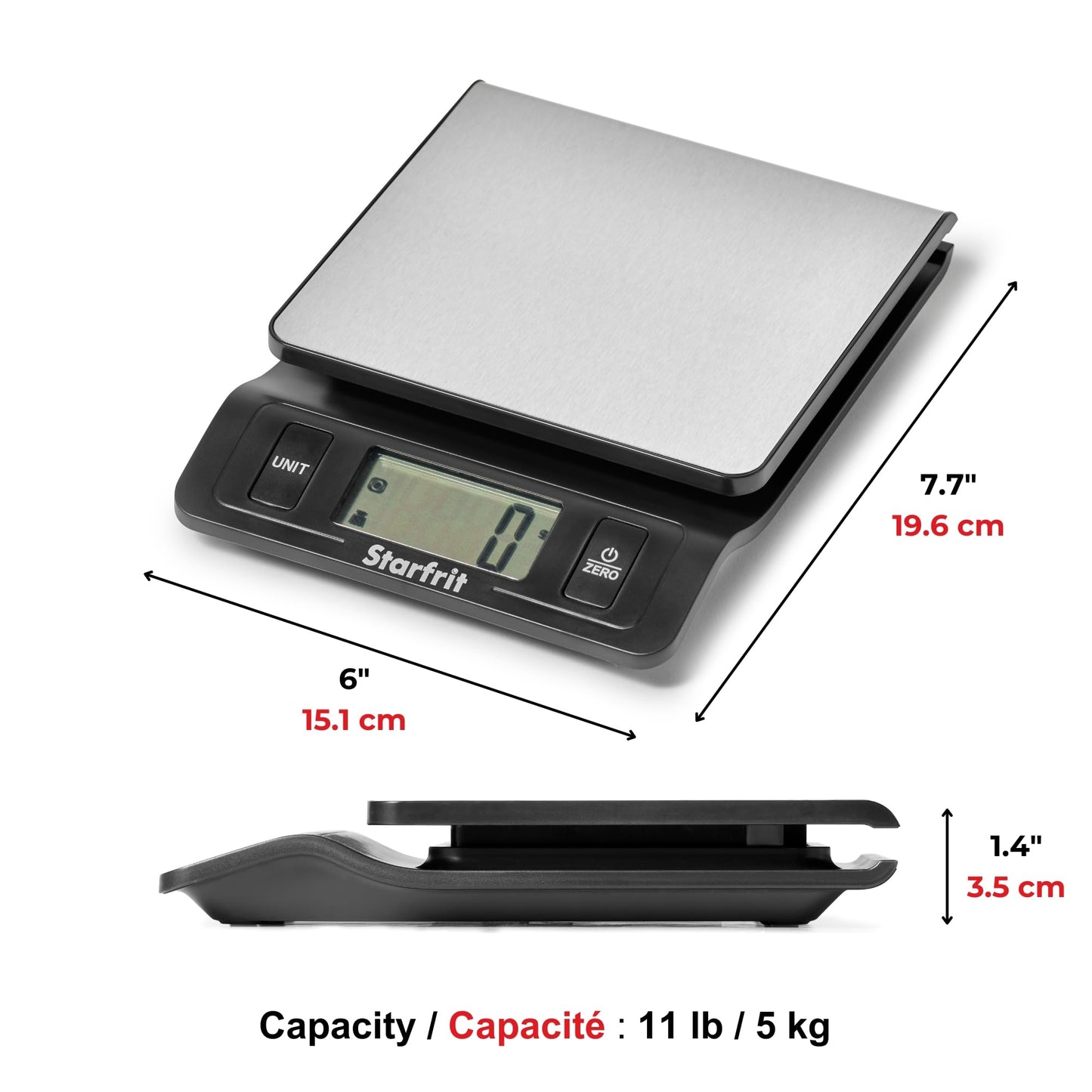 Starfrit Digital Kitchen Scale - Stainless Steel Platform - Measures Weight and Liquid Volume - 11 lb / 5 kg Capacity - Stainless Steel