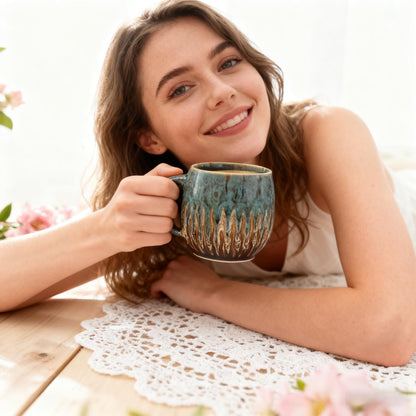 20oz Large Coffee Mug - Unique Handcrafted Look Ceramic Cup, Large Tea Mug, Microwave & Dishwasher Safe (Blue)
