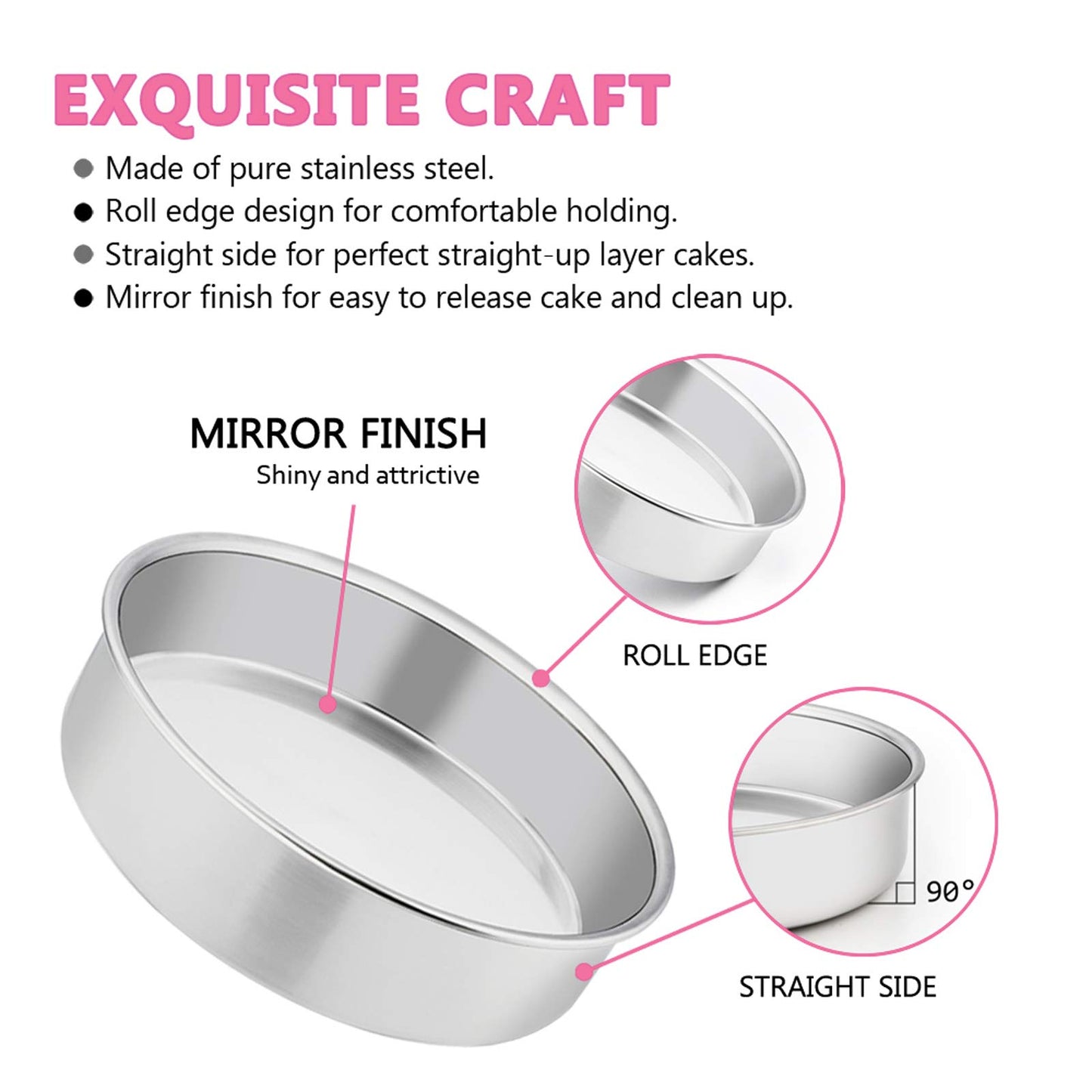 6 Inch Cake Pan Set of 3, E-far Stainless Steel Round Smash Cake Baking Pans, Non-Toxic & Healthy, Mirror Finish & Dishwasher Safe
