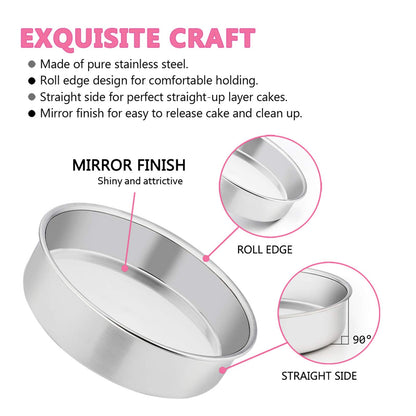 6 Inch Cake Pan Set of 3, E-far Stainless Steel Round Smash Cake Baking Pans, Non-Toxic & Healthy, Mirror Finish & Dishwasher Safe