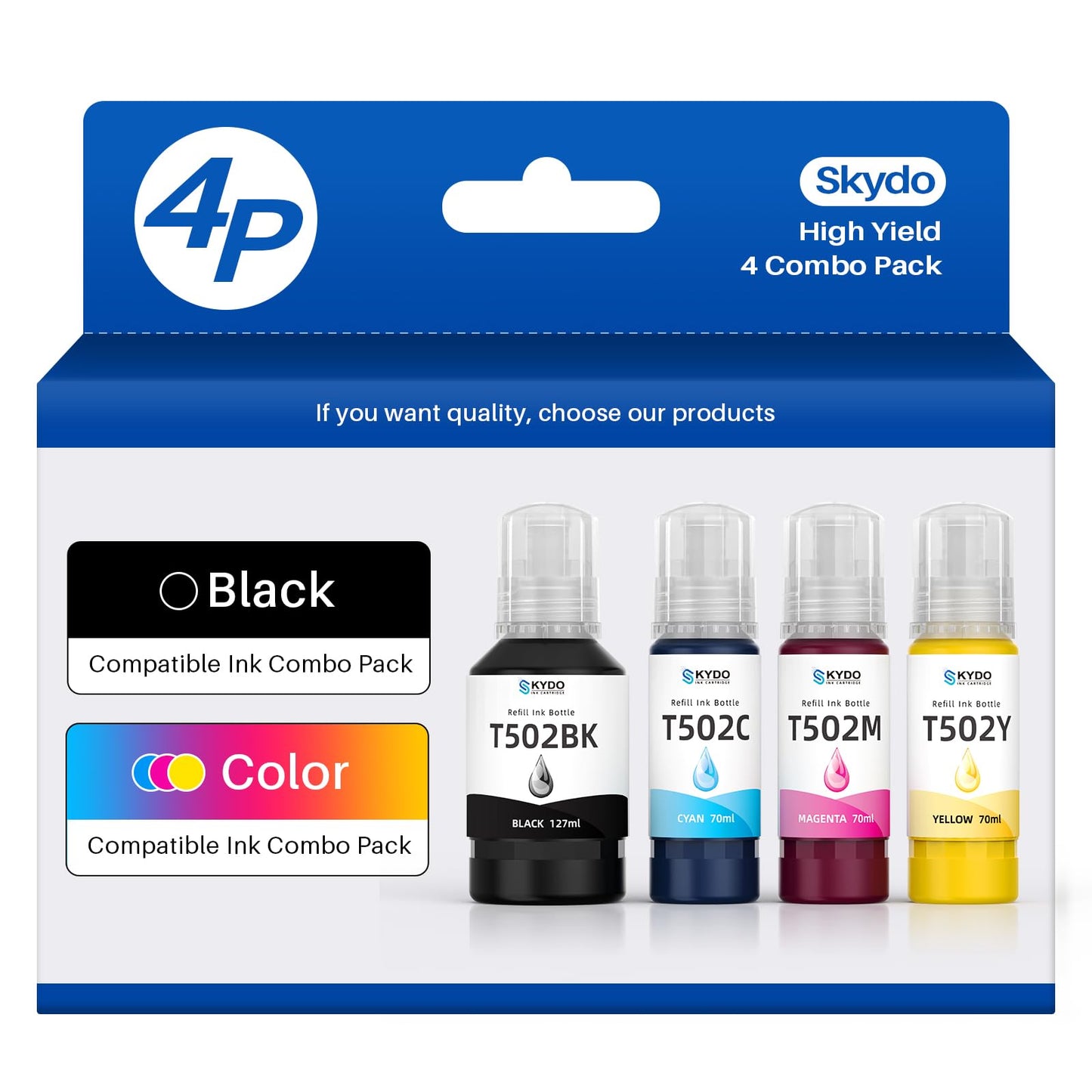Skydo502 Ink Refill Bottles Replacement for T502 Printer Ink for Ecotank ET-2850 ET- 2800 ET-2750 ET-4760 ET-3830 ET-2760 ET-3850 ET-4750 ET-4850 ET-4950 ET-2700 ET-3760 Printer (4 Pack)