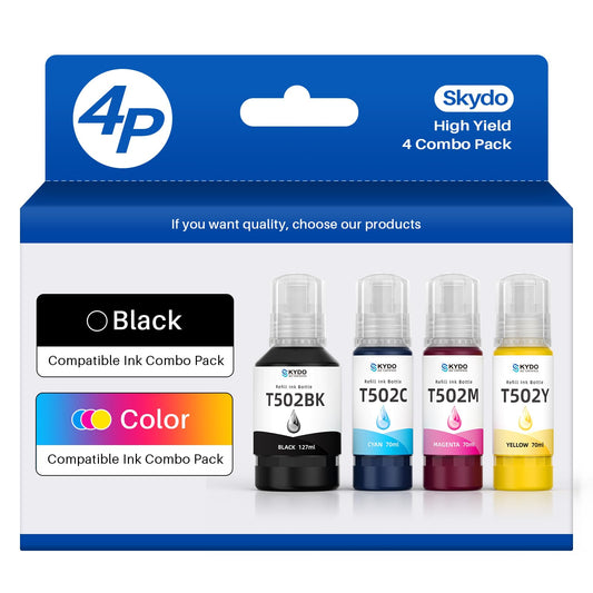 Skydo502 Ink Refill Bottles Replacement for T502 Printer Ink for Ecotank ET-2850 ET- 2800 ET-2750 ET-4760 ET-3830 ET-2760 ET-3850 ET-4750 ET-4850 ET-4950 ET-2700 ET-3760 Printer (4 Pack)