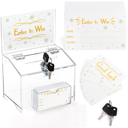 ZENFUN Acrylic Donation Box with Lock and Sign Holder, 6.3x4.7x4.9 Inches Clear Ballot Box Voting Storage Box Comments Container with 100pcs Tickets Cards for Raffle, Tip Jar, Collection, Voting