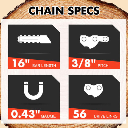 Anxingo 3 Pack 56 Drive Links Chainsaw Chain, 16 Inch 3/8" LP Pitch .043'' Gauge, Replacement for EGO