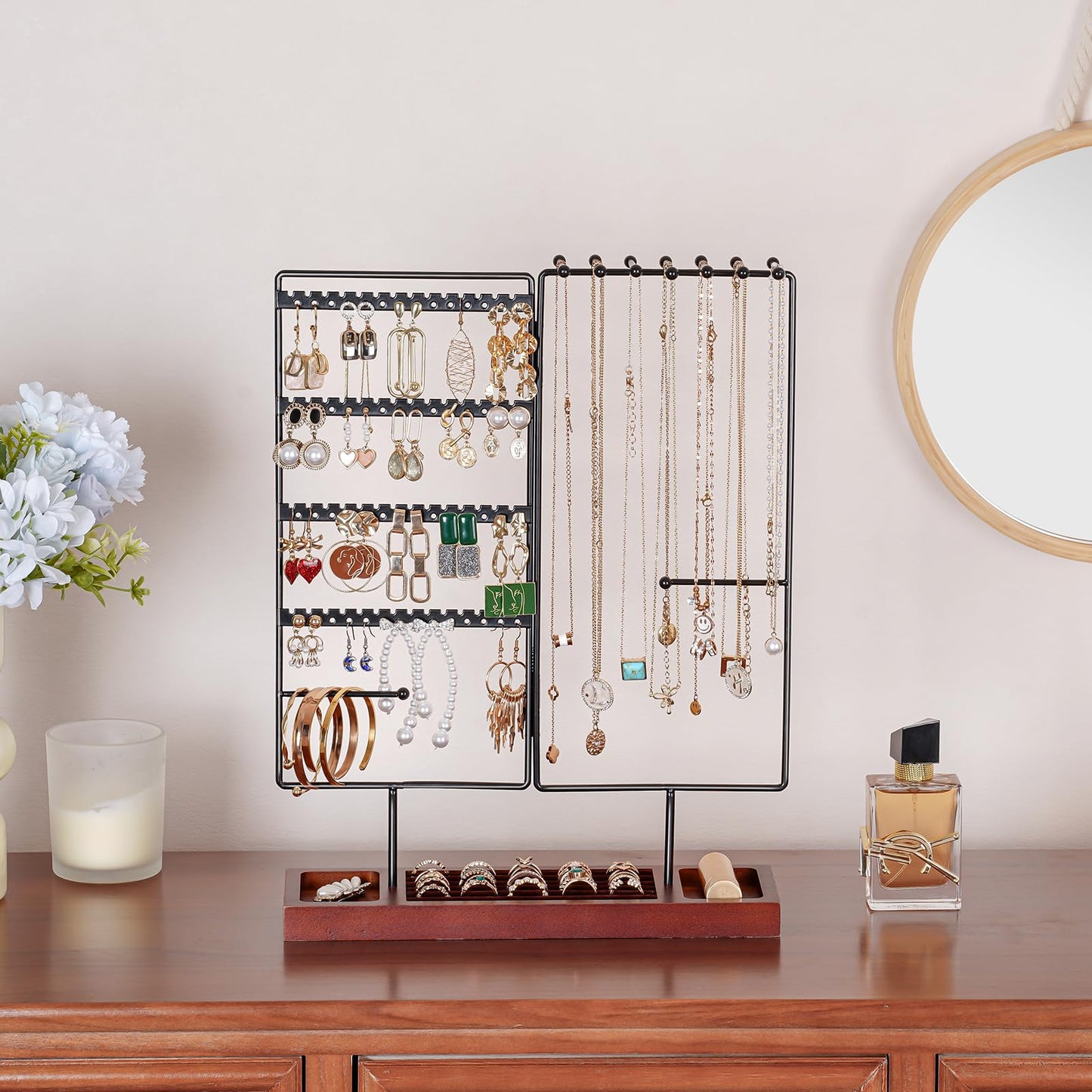 ProCase Earring Holder Necklace Organizer Jewelry Stand, 144 Holes Jewellery Organizers Earring Display Storage Rack with Removable Wooden Ring Tray for Bracelets Rings, Gifts for Women Girls -Black