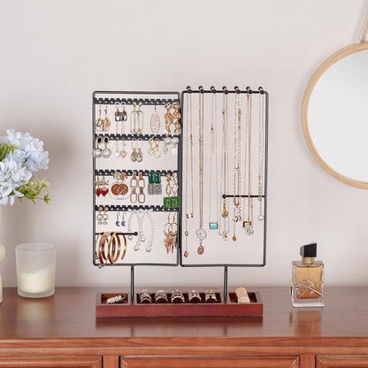 ProCase Earring Holder Necklace Organizer Jewelry Stand, 144 Holes Jewellery Organizers Earring Display Storage Rack with Removable Wooden Ring Tray for Bracelets Rings, Gifts for Women Girls -Black