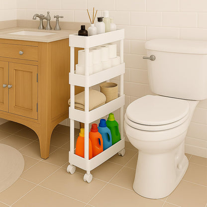 ShellKingdom 4 Tier Bathroom Storage Organizer, Slim Rolling Storage Cart for Narrow Space, Mobile Shelving Unit with Lockable Wheels and Hooks for Bathroom, Kitchen, Laundry Movable Shelf (White)