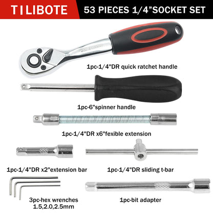 TILIBOTE Socket Wrench Set, 53PCS 1/4 Inch Ratcheting Wrench Set and Extension Bar Gimbal Slide Bar Extension Sockets, Set for Automotive Repair and Home Use.
