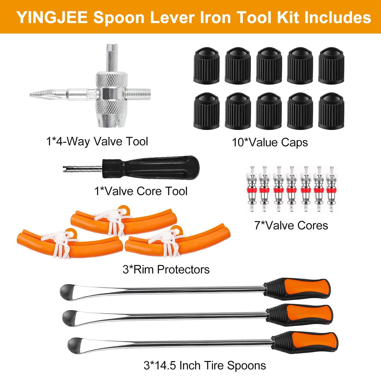 YINGJEE 14.5Inch Tire Spoons Motorcycle Dirt Bike, Tire Changing Tools Iron Set Lawn Tractor Bicycle, Tire Spoon Lever Tire Removal Tool Changer Kit with Valve Tool Valve Cores(Orange)