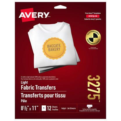 Avery Printable Light Fabric Heat Transfer Paper, 8.5" X 11.5", for Inkjet Printers, 12 Sheets, Iron-On Transfer Paper, Customizable, White, Full Sheet and Cutting Machine Compatible, (03275)