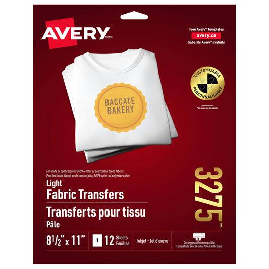 Avery Printable Light Fabric Heat Transfer Paper, 8.5" X 11.5", for Inkjet Printers, 12 Sheets, Iron-On Transfer Paper, Customizable, White, Full Sheet and Cutting Machine Compatible, (03275)