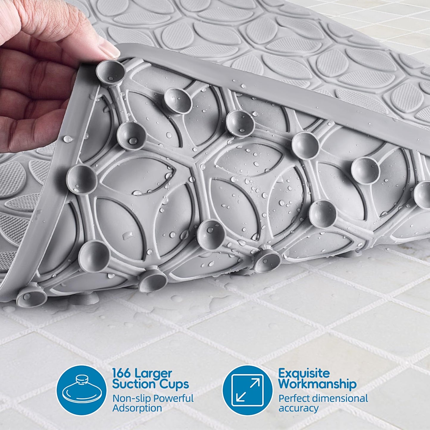 WRISIN Bathtub Mat Non Slip with Suction Cups - 100% Rubber Bathroom Mat Textured for Bath Tub Shower Safety - Soft on Touch - BPA/PVC Free - Pet Dog Bath Mat - Machine Washable - 16 × 28 Inch（Gray）