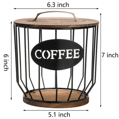 yarlung Coffee Pod Holder with Lid, Large Capacity K Cup Holder with Rustic Wooden Base, Black Wire Coffee Storage Basket for Kitchen Countertop, Cafe Bar Organizer
