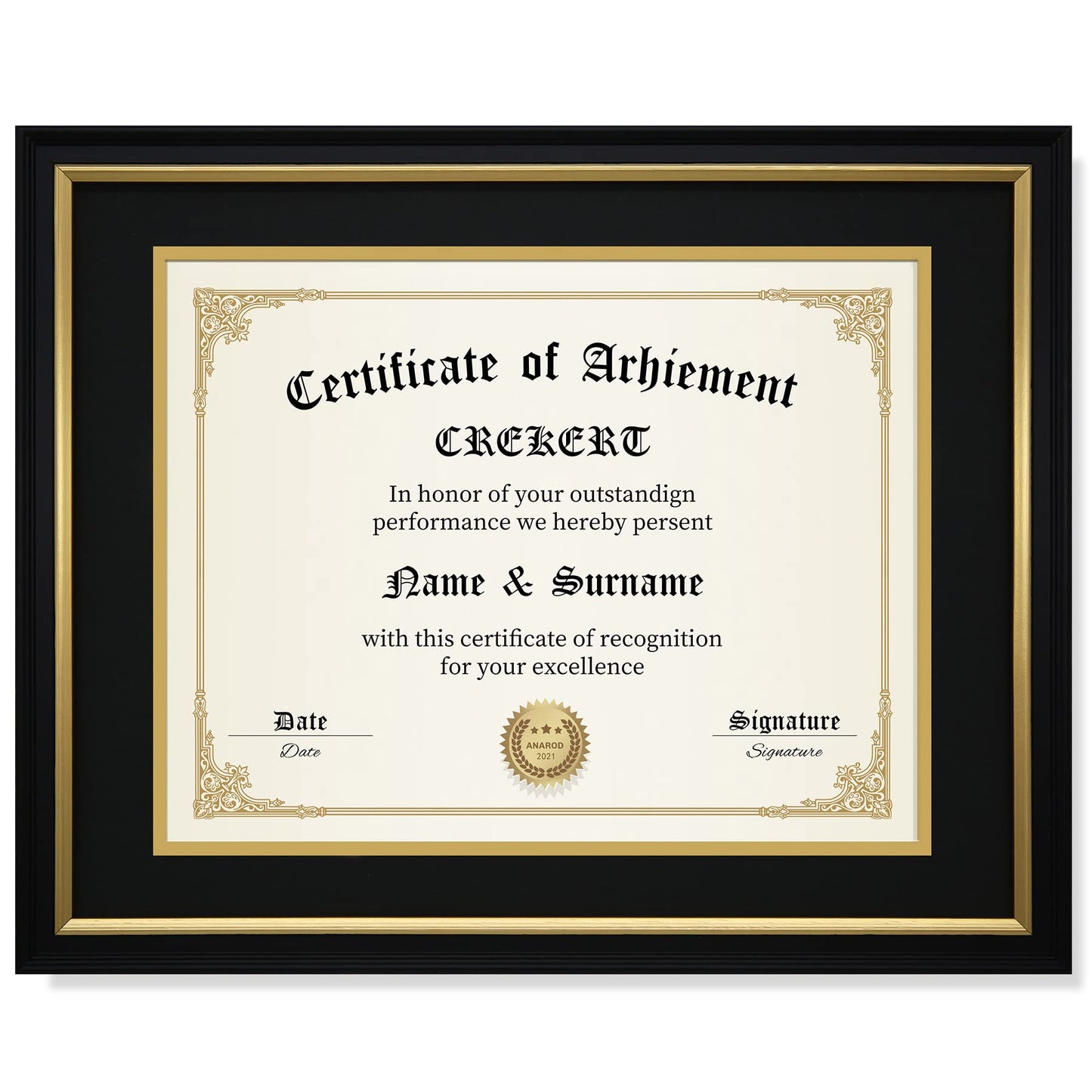 CREKERT Diploma Frame 11x14 College Degree Frame Solid Wood Shatter-Resistant Glass for Documents Certificate Blackgold Frame 8.5x11 with Mat (Black Mat, 1 Pack)