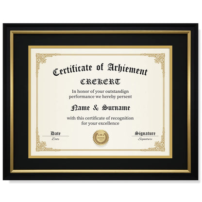 CREKERT Diploma Frame 11x14 College Degree Frame Solid Wood Shatter-Resistant Glass for Documents Certificate Blackgold Frame 8.5x11 with Mat (Black Mat, 1 Pack)