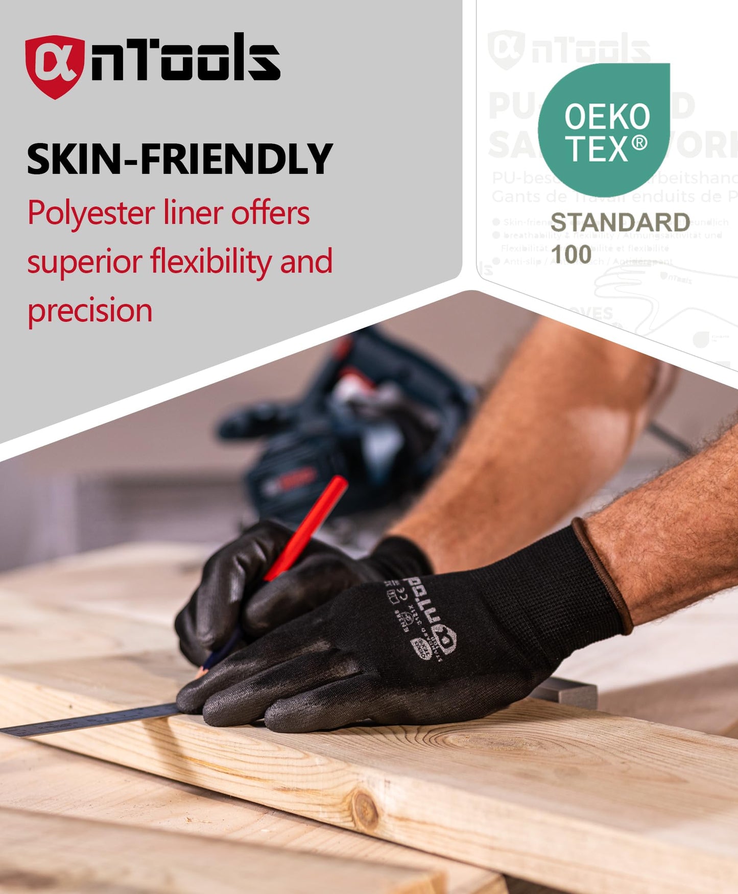 AnTools 12 Pairs Skin-Friendly PU-coated Work Gloves, Seamless Knit, Lightweight, Flexible, General-Duty Work Gloves for Men and Women, Black, Large