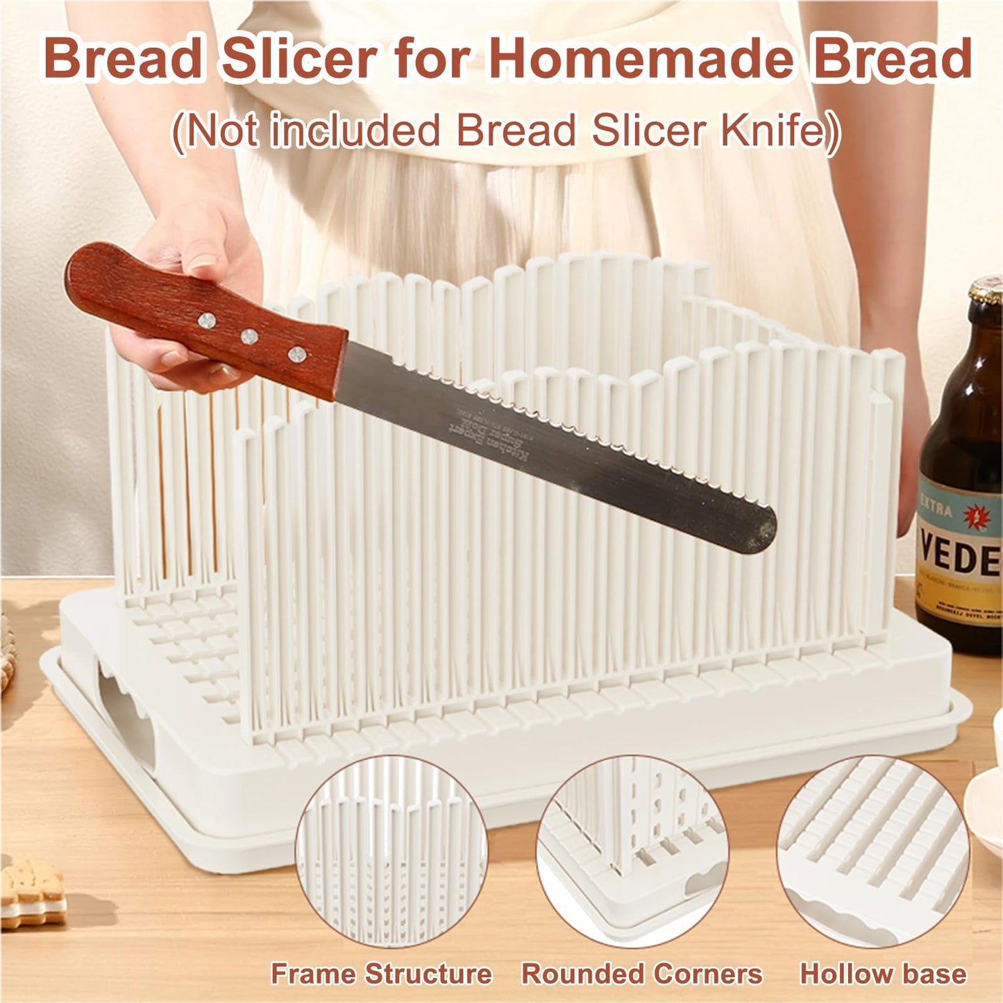 Qeedee Sourdough Bread Slicer for Homemade Bread, Foldable and Adjustable Cutting Guide with Crumb Tray, 3 Slice Sizes for Homemade Bagels, Buns, Cakes, White