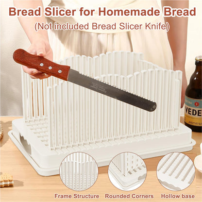 Qeedee Sourdough Bread Slicer for Homemade Bread, Foldable and Adjustable Cutting Guide with Crumb Tray, 3 Slice Sizes for Homemade Bagels, Buns, Cakes, White
