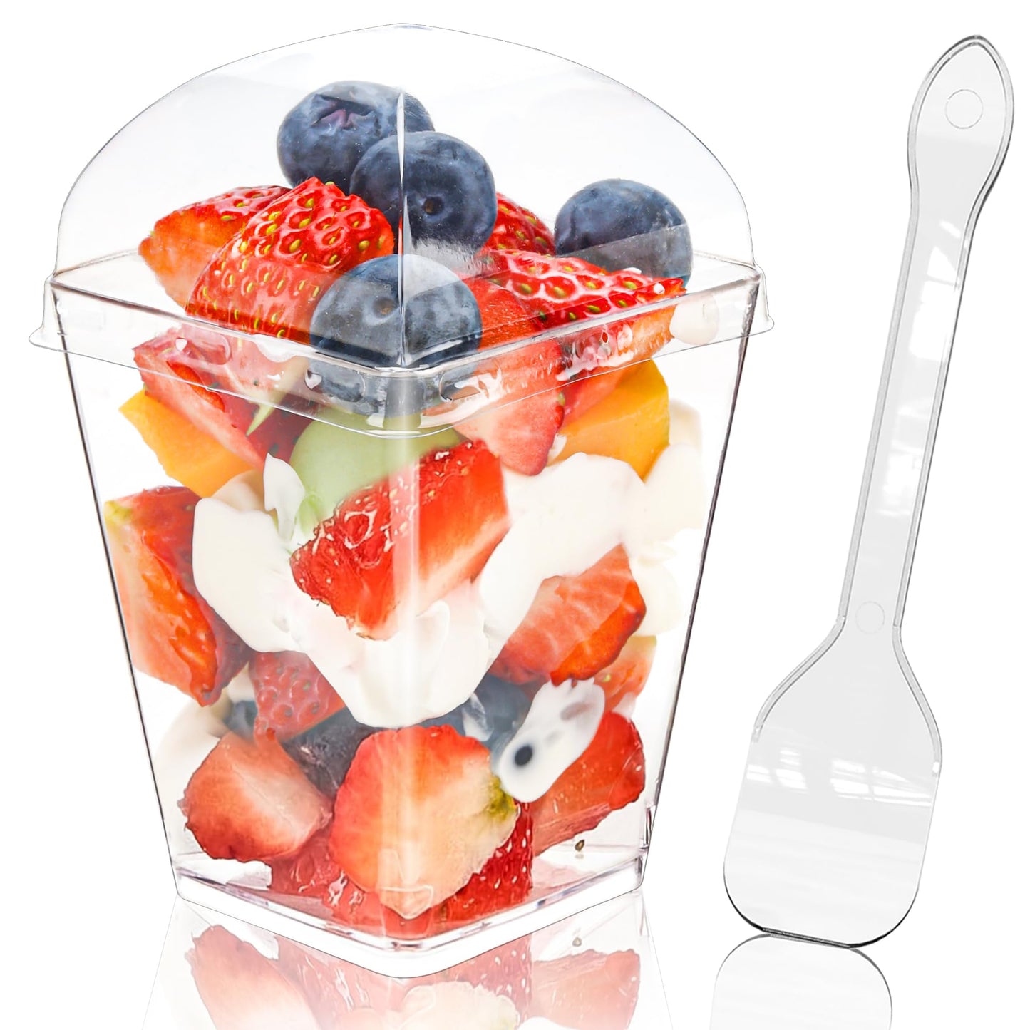 YunKo 5oz Square Clear Plastic Dessert Cups with Lids and Spoons,Mini Parfait Cups for Yogurt, Jello, Mousse,and Snacks,vasos para postres con tapa, 50 Pack