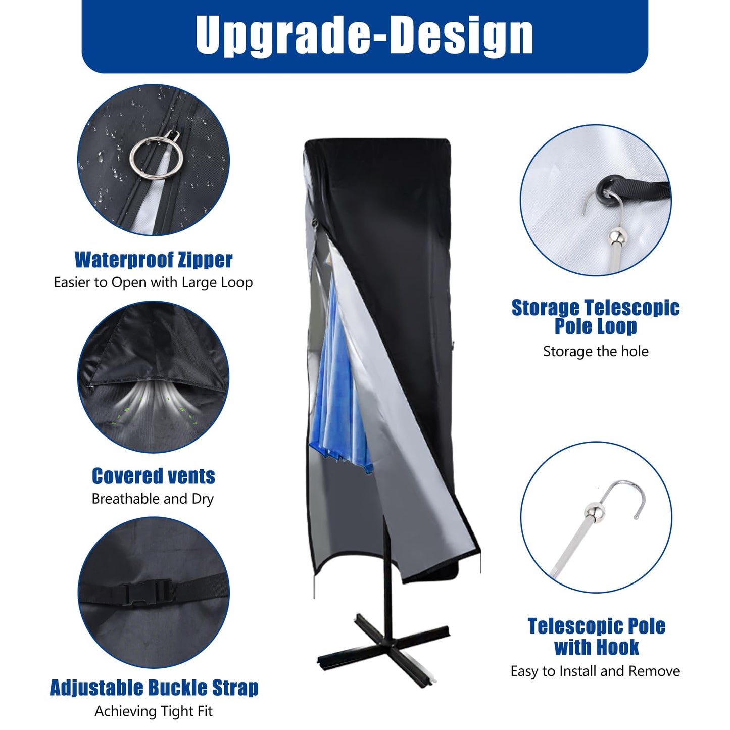 Umbrella Cover 420D Waterproof Outdoor,Patio Umbrella Parasol Cover,Waterproof Zipper & Top Vent,Windproof ,Anti-UV,Large Umbrellas Covers,Garden Umbrellas Covers,fits Double-Sided Umbrella 13-15 ft