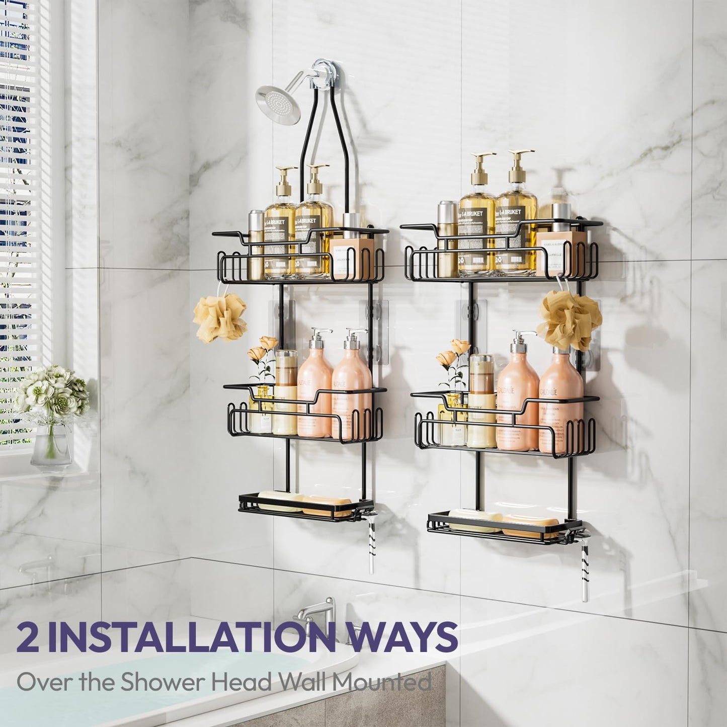 SWTYMIKI Shower Caddy Hanging - Extended Length 3 Tier Rustproof Shower Organizer Hanging, No Drilling Shower Shelves with 16 Hooks & Soap Holder, Anti-Swing Rack, Black