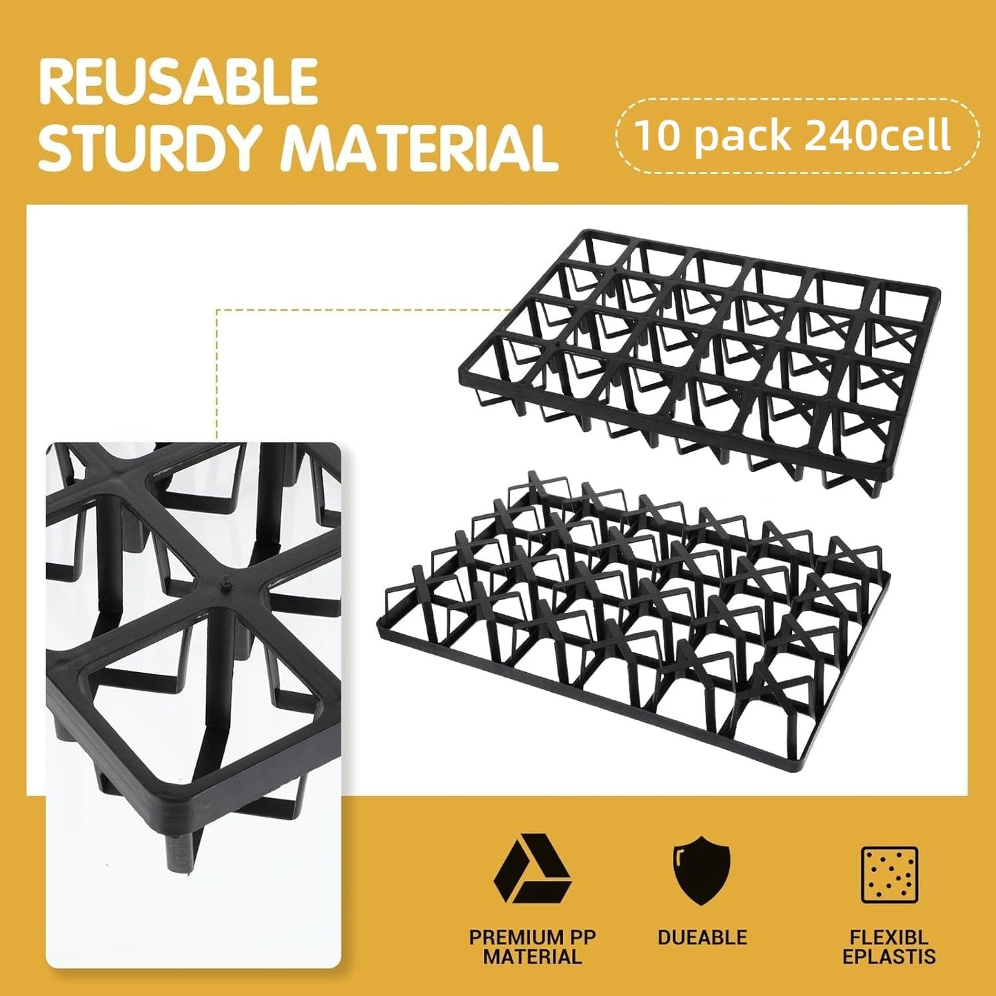 10 Pack Square Nursery Pot Tray with 24 Cells, Plant Trays for Pots, Plastic Planting Trays, Flower Pot Moving Tray for Carrying Small Plant Pots (17" x 11" x 2", 240 Cells in Total)