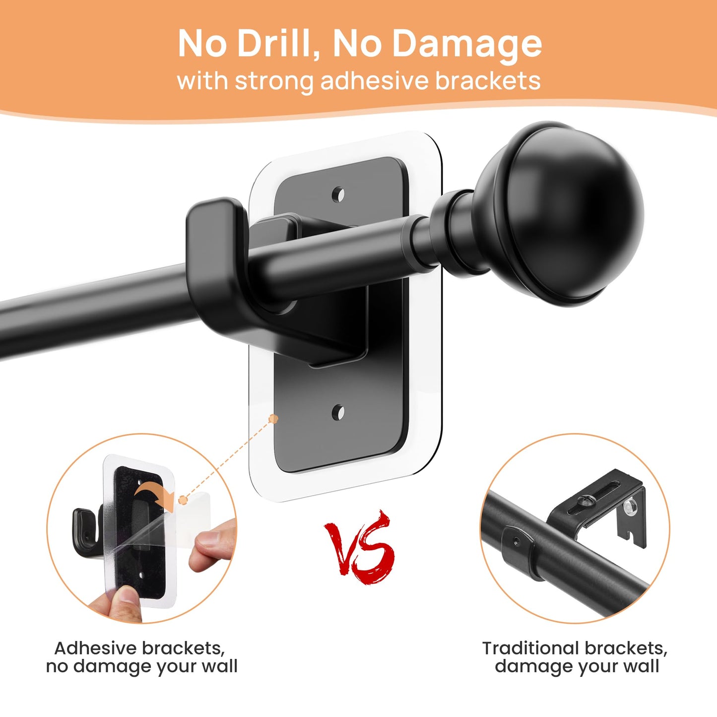 upsimples No Drill Curtain Rods for Window 48 to 84 Inches, 5/8 Inch Diameter Renter Friendly Drapery Rod with Adhesive Brackets without Drilling, Adjustable from 27 to 90 Inches, Black