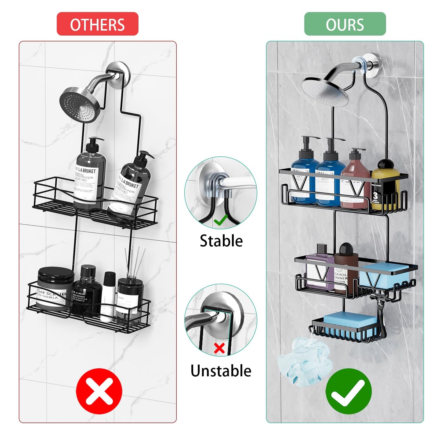 DAOYA Black Shower Caddy Hanging - Over the Shower Head Caddy 3 Tier Bathroom Organizer With 4 Baskets, Soap Holders, Multi Hooks, Rustproof, Stainless Steel