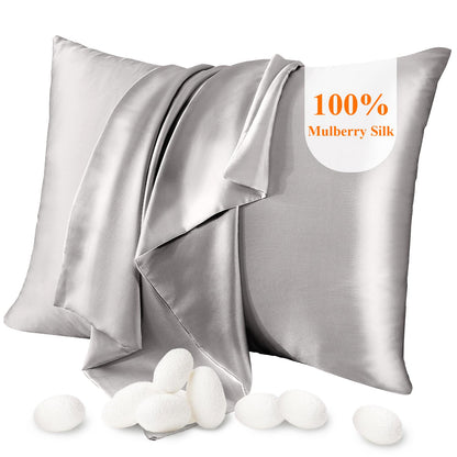 100% Mulberry Silk Pillowcase Pure,21 Momme Both Side Real Silk Pillowcases Hidden Zippered Slip Silk Pillowcase Hypoallergenic Soft Breathable for Hair, Skin and Good Sleep（Grey, Standard：20"x26"）