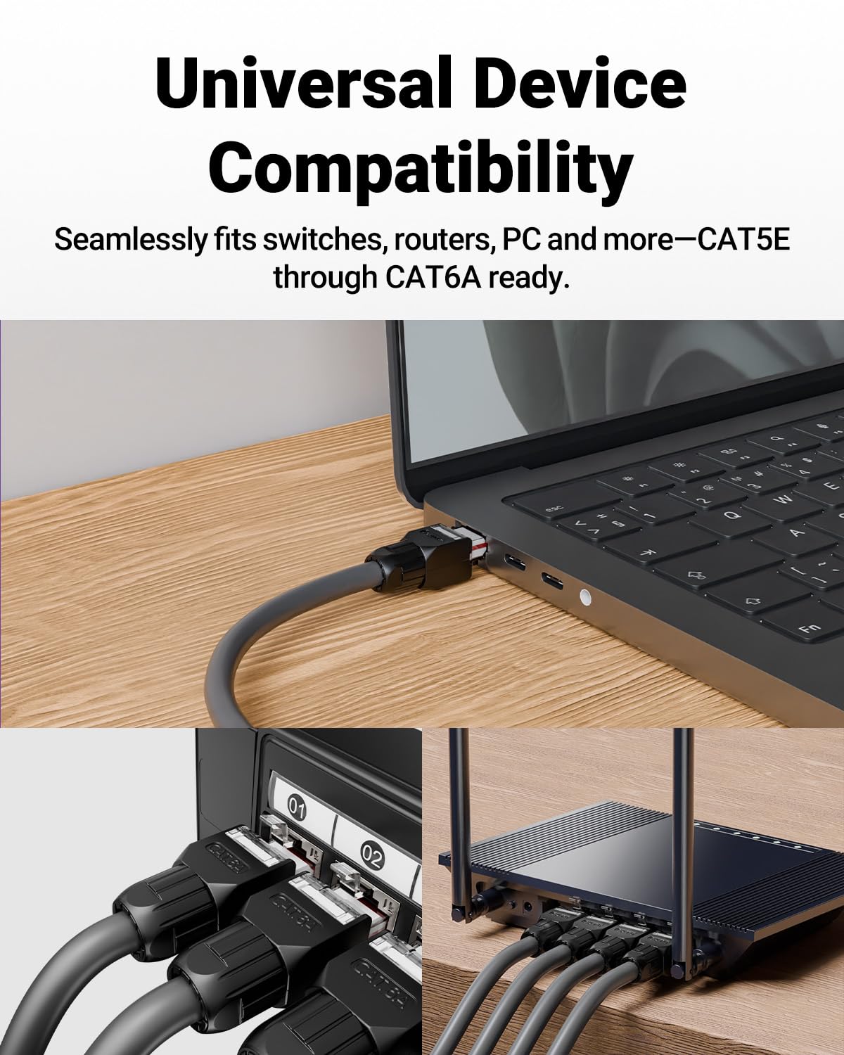 VCELINK CAT6A Tool-Free RJ45 Connector, 10 Gbps, UTP No-Crimp Compact Reusable Plug for Field Termination for 23-26 AWG Ethernet Cables, Black, 6-Pack