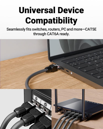 VCELINK CAT6A Tool-Free RJ45 Connector, 10 Gbps, UTP No-Crimp Compact Reusable Plug for Field Termination for 23-26 AWG Ethernet Cables, Black, 6-Pack