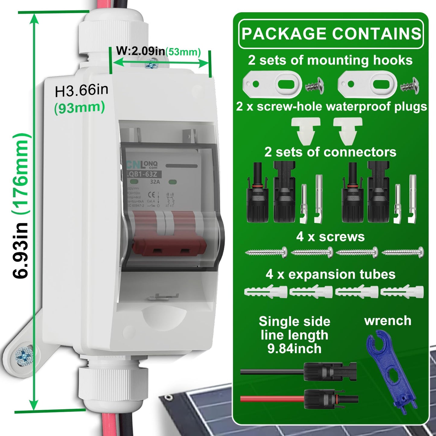 CNLonQcom Solar Panel Disconnect Switch 32 Amp 500V DC Miniature Circuit Breaker with PV Connector and IP65 Waterproof Box for Outdoor PV or AC Stystem