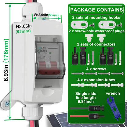 CNLonQcom Solar Panel Disconnect Switch 32 Amp 500V DC Miniature Circuit Breaker with PV Connector and IP65 Waterproof Box for Outdoor PV or AC Stystem