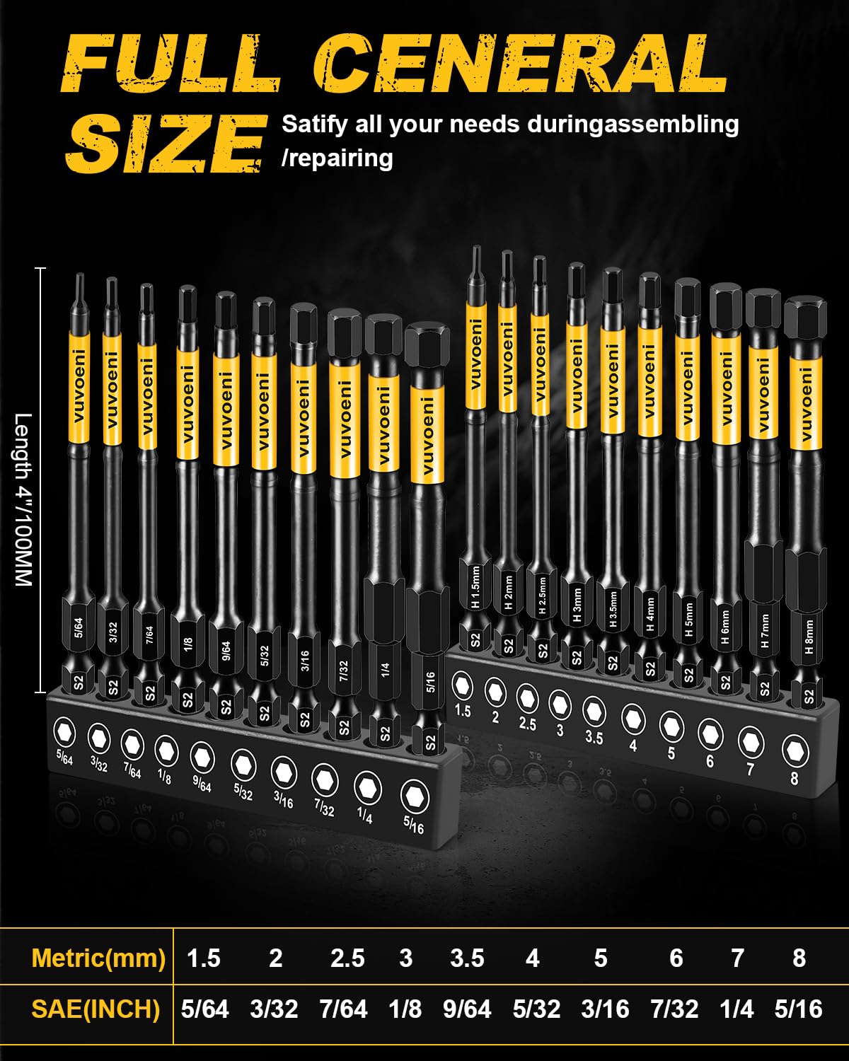 vuvoeni Impact Hex Head Allen Wrench Drill Bit Set 4 in Long (Metric & SAE), 20PCS Allen Bits Magnetism, 1/4'' Hex-Shank S2 Steel for DIY Furniture Assembly & Car Repairs