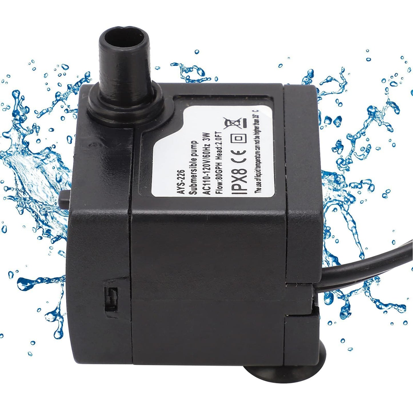 AC110‑120V Mini Submersible Water Pump 3W 80GPH Silent Small Fountain Pump with 3.3ft Hose for Fish Tank Pump Pond Fountain Hydroponics