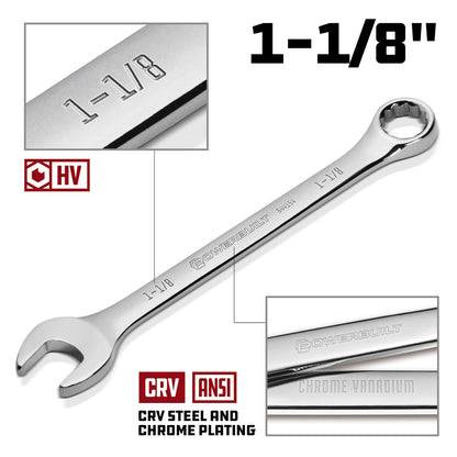 Powerbuilt SAE 1-1/8 Inch Combination Wrench, 12 Point Double Ended Box and Open End, 15 Degree Offset - 644154