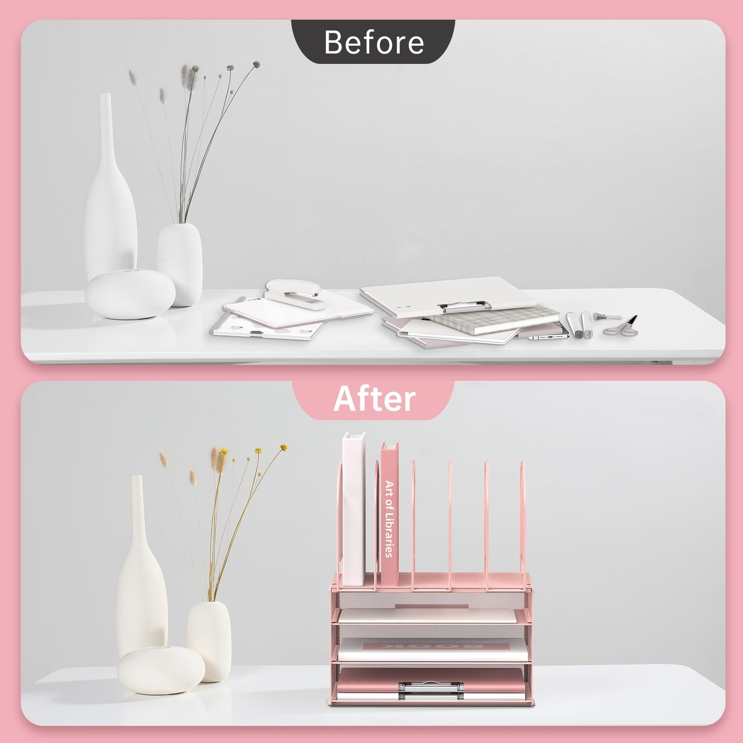 DALTACK Paper Desk Organizer, 3-Tier Letter Tray with 5 Vertical File Holders, Multifunction Desk Organizer, Desktop File Folder Organizer, Desk Organizers and Accessories for Home Office, Pink
