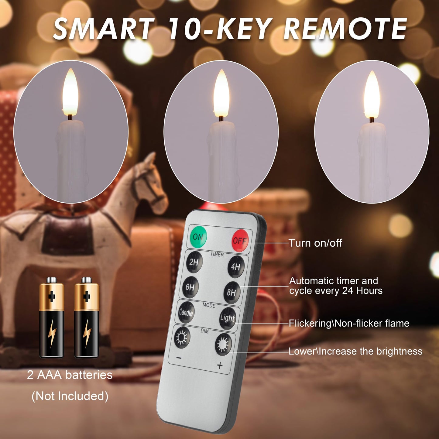 AFINETH Flameless Taper Candles with Rmote, 9.6" Dripless Battery Operated Candles, 3 Pack Real Wax Led Flickering Candlesticks with 3D Flame, Fake Candle for Home, Wedding, Party, White