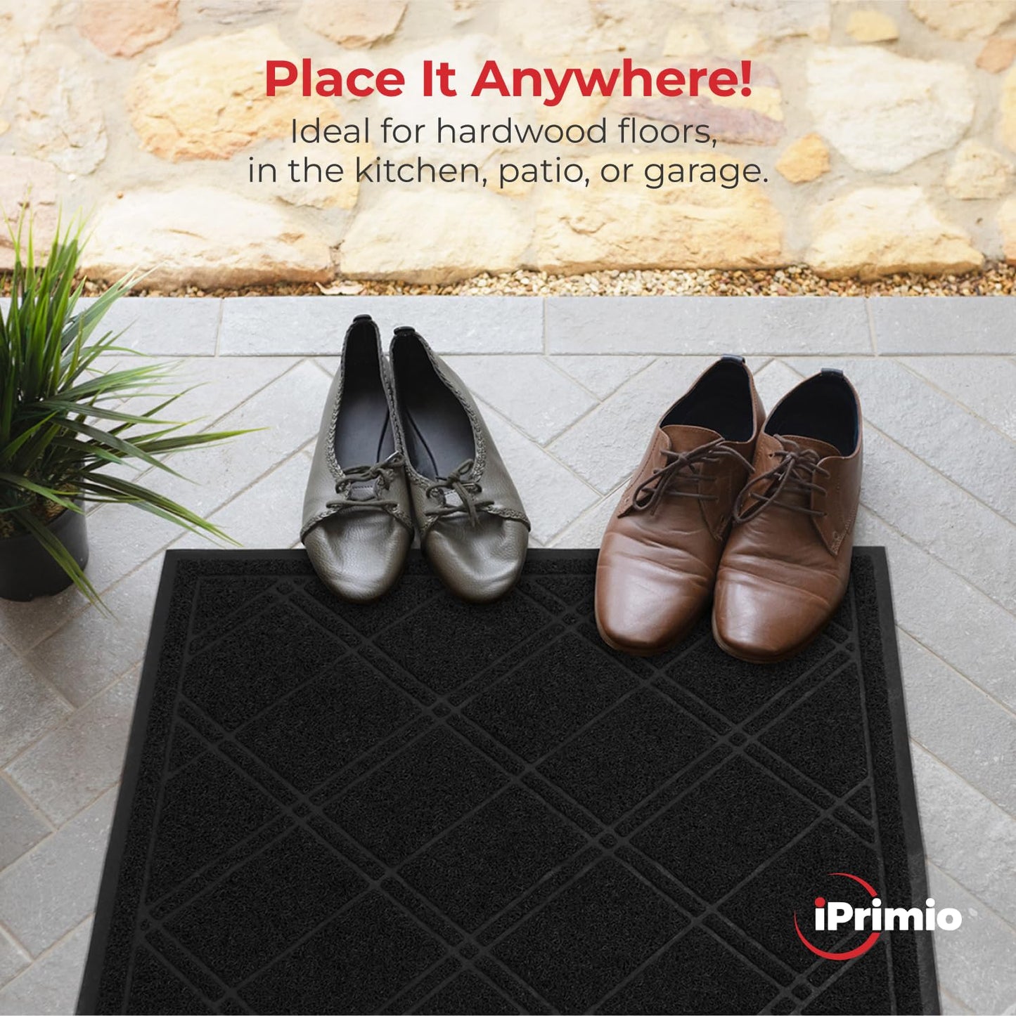 Waterproof Door Mat - SlipToGrip 42 x 35 Inches, No-Slip, Durable, Washable, Black Floor Mat - Plaid Entrance Rug for Front Door, Patio, Garage - Absorbs Dirt and Moisture - Indoor and Outdoor Rug