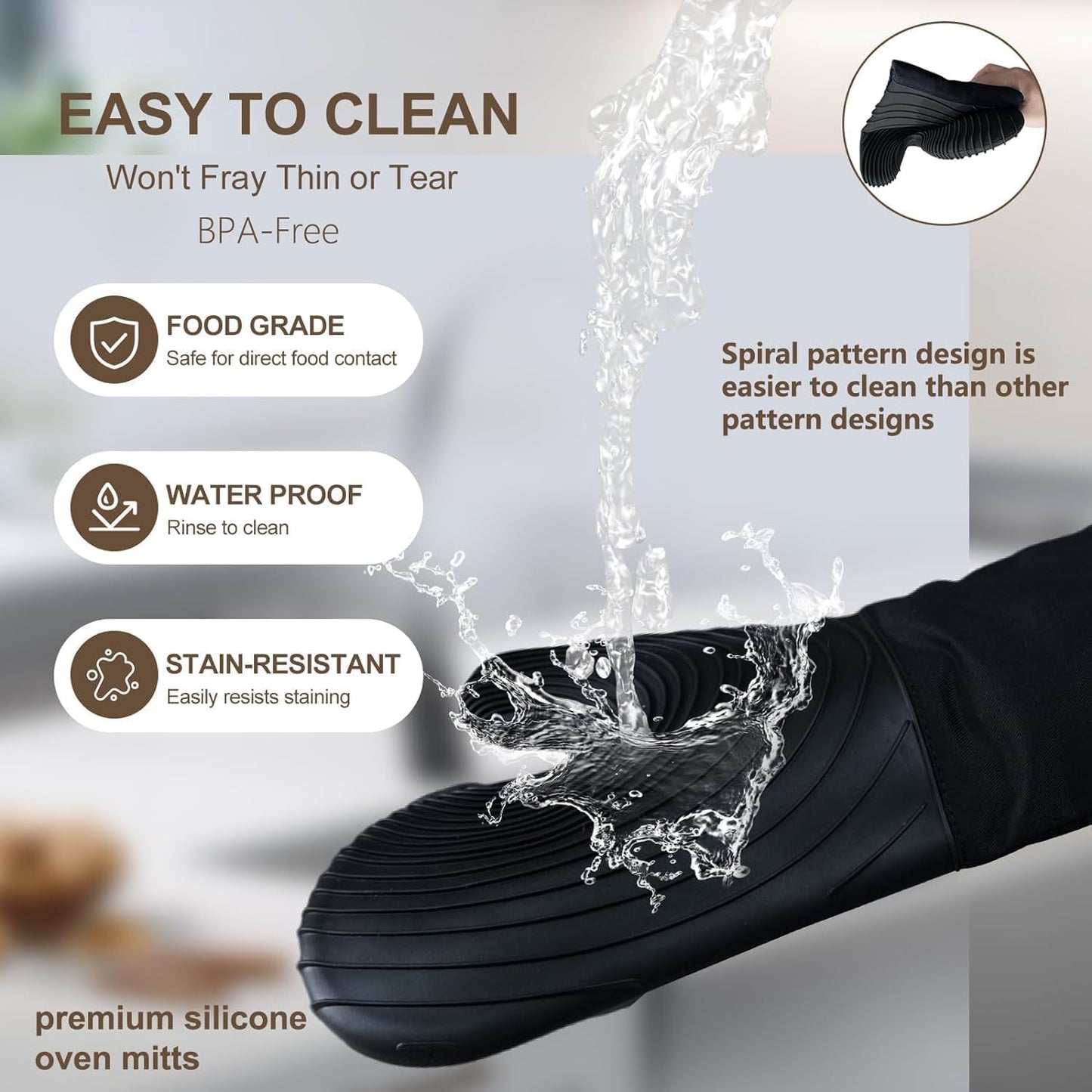 Tayfeim Silicone Oven Mitts 5pcs, Upgraded Pot Holders Set Heat Resistant 500F, Waterproof, Cotton Lined Oven Gloves BPA-Free, Oven Mits Set for Cooking Baking Kitchen Mittens Black