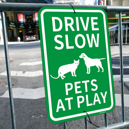 2 Pcs "Drive Slow - Pets At Play" Sign, 12" x 18" Engineer Grade Reflective Aluminum,Fade Resistant, Waterproof, Dustproof, UV-Resistant and Durable